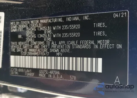 2021 Toyota Highlander Platinum из США, поврежденный, VIN 5TDFZRBH8MS110417